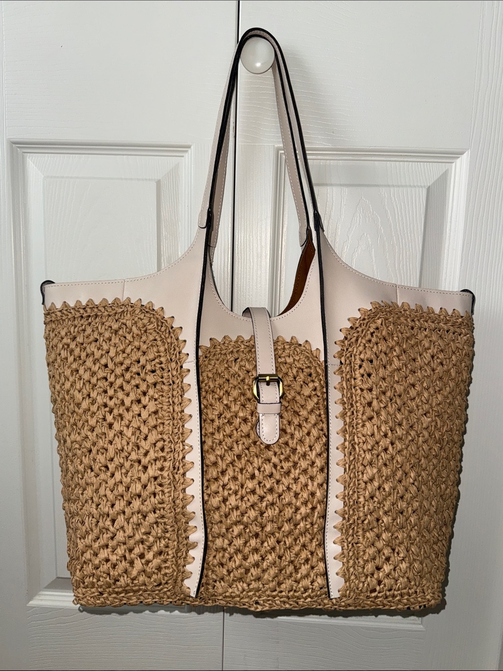 Woven Raffia Tote with Pale Cream Leather Trim